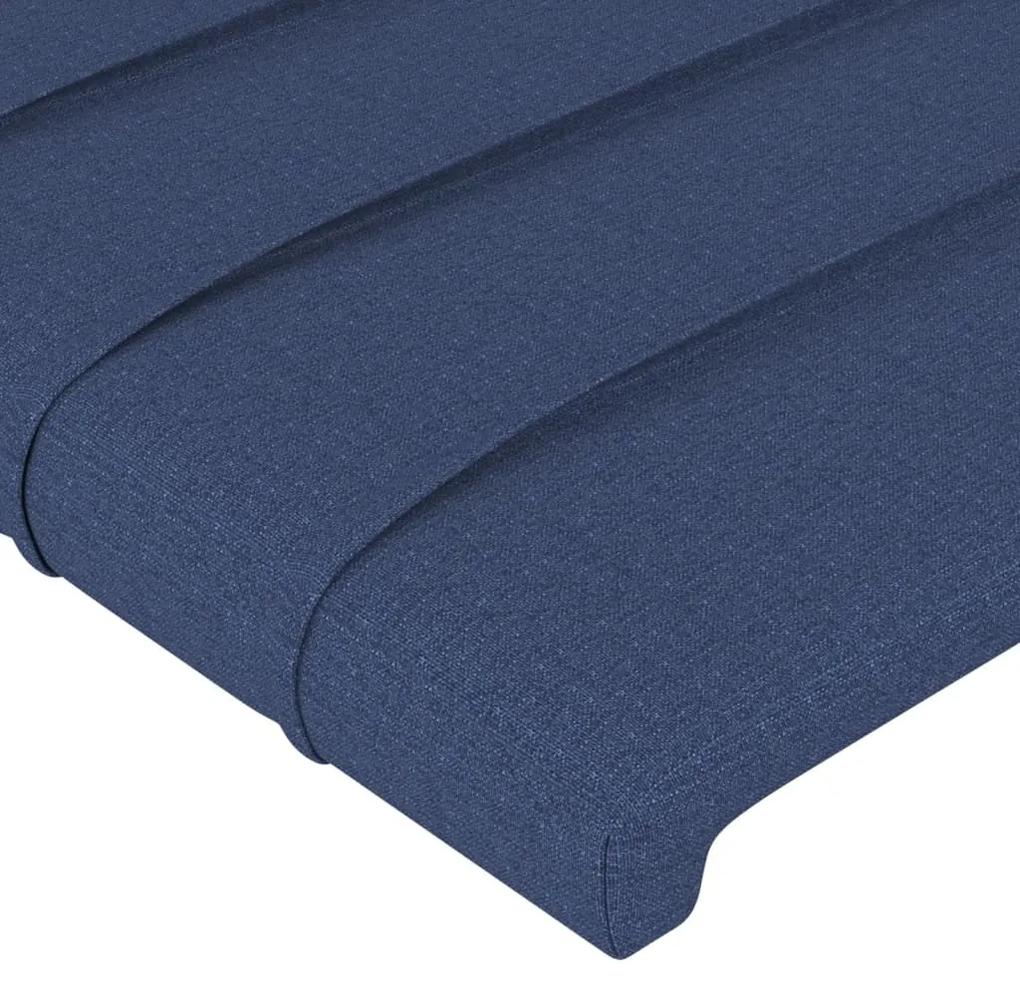 Cadru de pat cu tablie, albastru, 140x200 cm, textil Albastru, 140 x 200 cm, Benzi orizontale