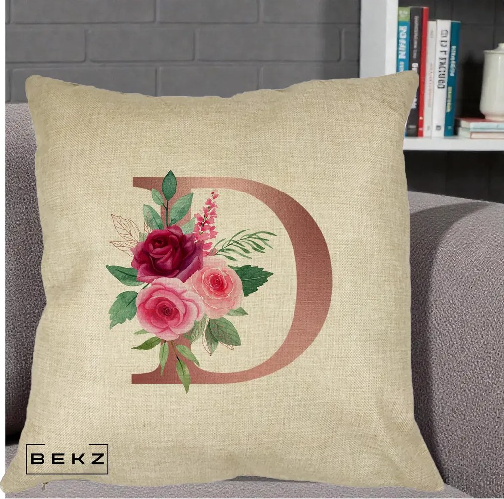 Cadou Personalizat - Perna Personalizata Monograma Rose Gold Litera D, 40x40 cm, Crem, Husa Detasabila, Perna Inclusa, BEKZ®