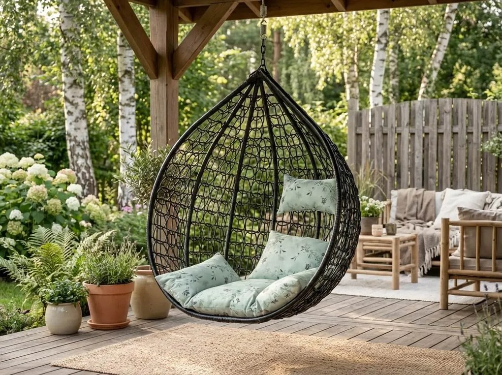 Scaun balansoar suspendat KOKON negru fara suport, perna verde deschis cu model