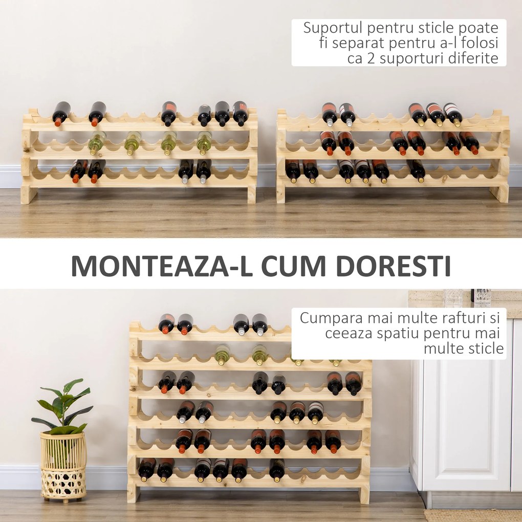 HOMCOM Raft pentru Sticle din Lemn de Brad cu 6 Rafturi pentru 72 de Sticle, 114x28x85 cm, Lemn Natural | Aosom Romania