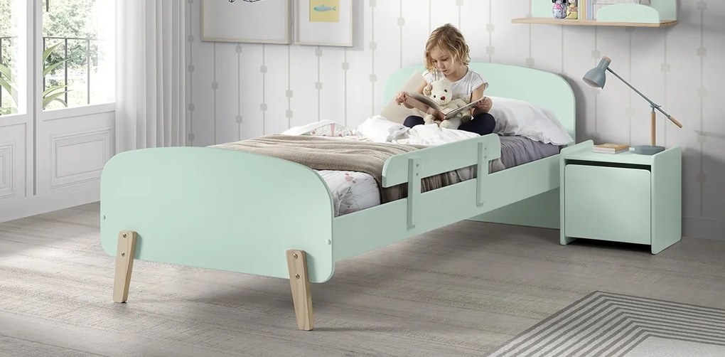 Set KIDDY în verde mentă format dintr-un Pat copii (90x200) cu noptieră și bară de siguranță.
