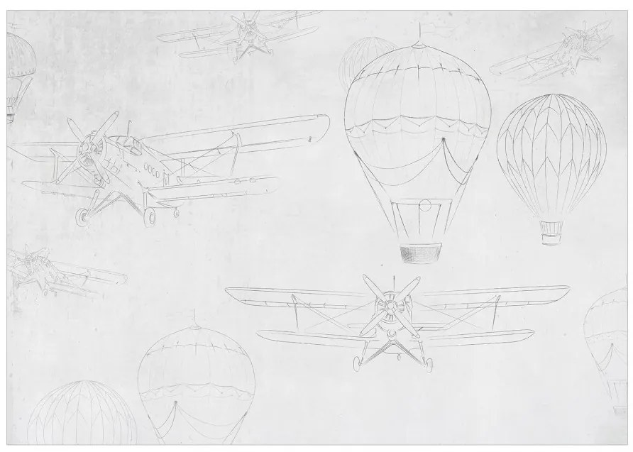 Fototapet - Călătorii Aeriane - Schițe ale avioanelor și baloanelor pe fundal gri