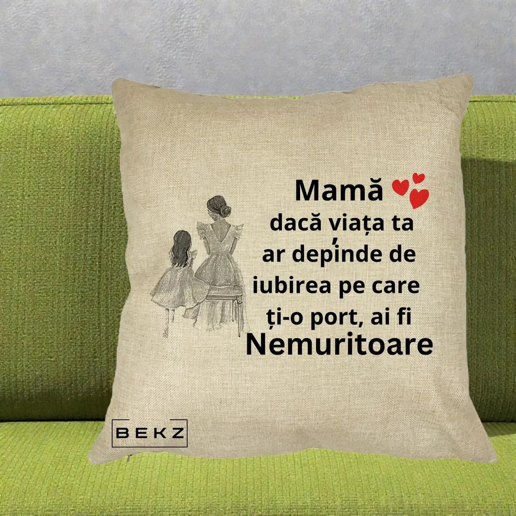 Cadou pentru Mama - Perna Personalizata Mama Nemuritoare Line Art, 40x40 cm, Crem, Husa Detasabila, Perna Inclusa, BEKZ®