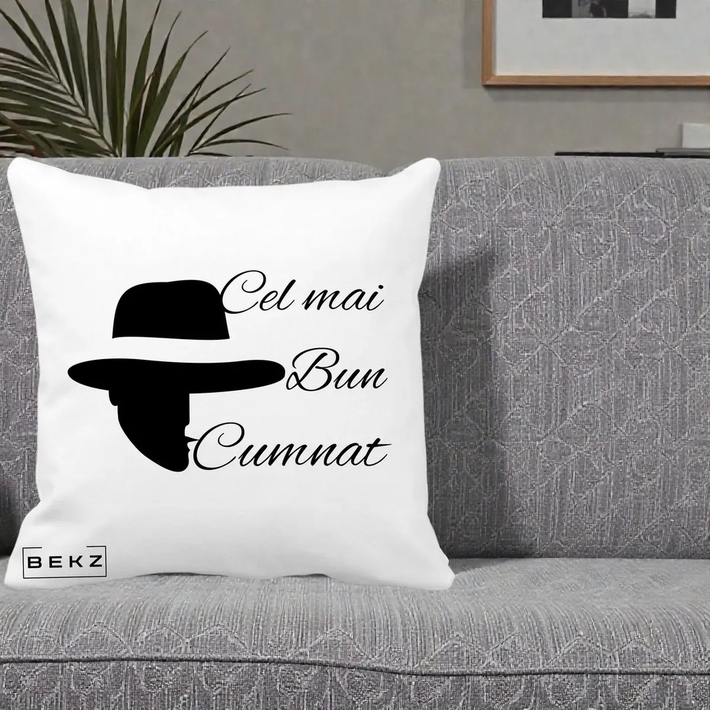Cadou pentru Cumnat - Perna Personalizata Cel mai Bun Cumnat cu Silueta Palarie, 40x40 cm, Alba Mata, Husa Detasabila, Perna Inclusa, BEKZ®