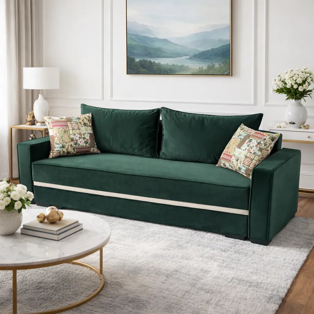 Canapea LARISA extensibila, 3 locuri, cu lada de depozitare, culoare verde padure , 220x95x85 Verde padure, Catifea