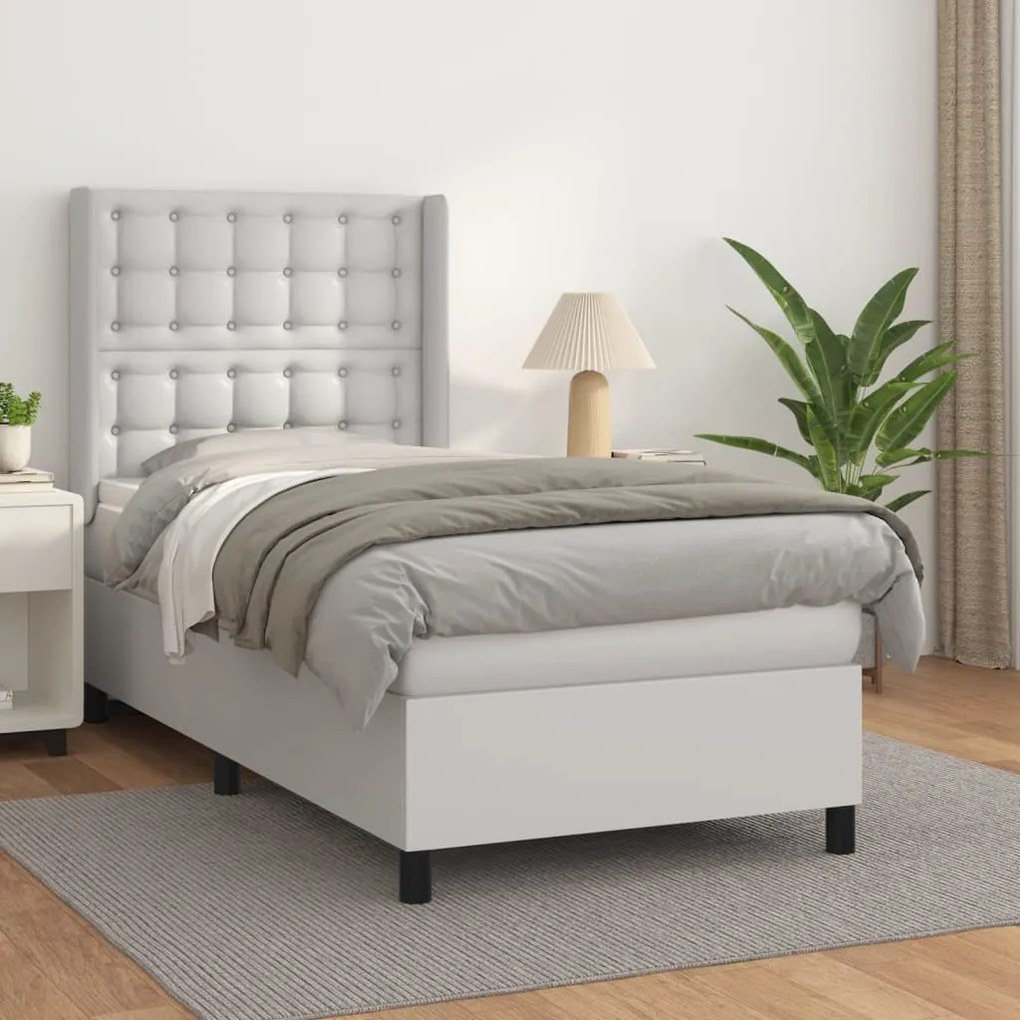 vidaXL Pat box spring cu saltea, alb, 90x200 cm, piele ecologică