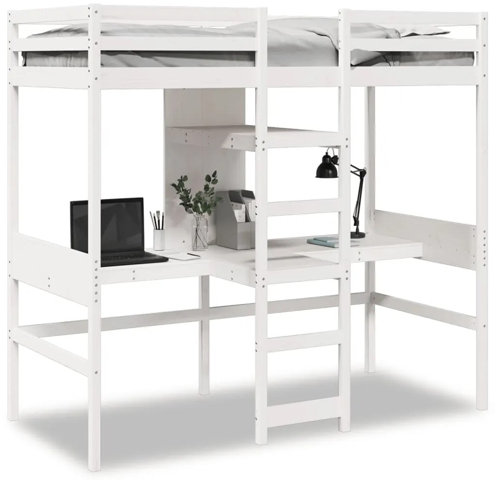 vidaXL Cadru pat etajat, birou/rafturi, alb, 90x200 cm, lemn masiv pin