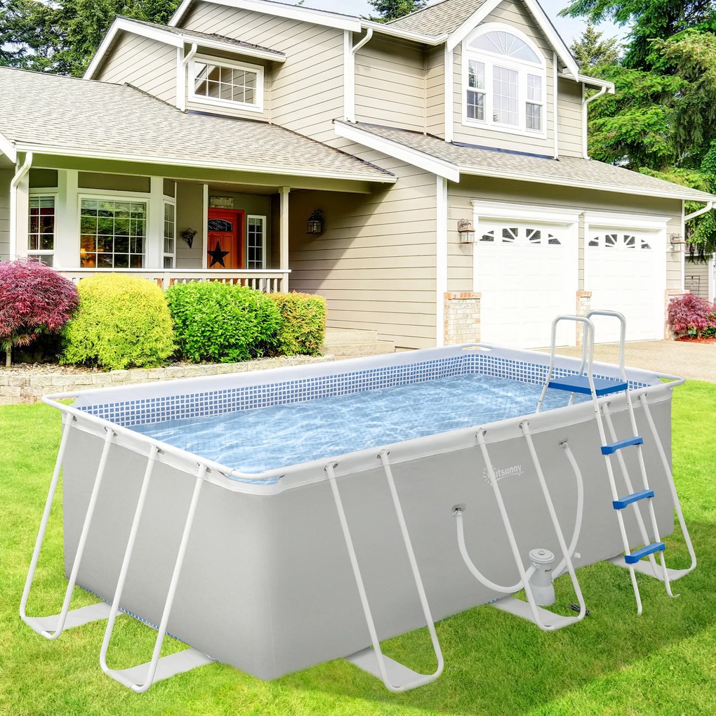 Outsunny Piscina Supraterana Dreptunghiulara cu Pompa Filtru si Scara Incluse, 440x240x122cm, Gri | Aosom Romania