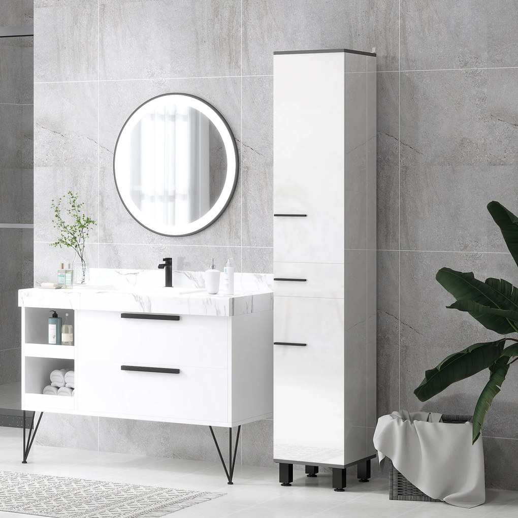 HOMCOM Coloană de Baie Modernă cu Sertar, 2 Dulapuri, 2 Uși și Rafturi Reglabile, Mobilier de Baie, 34x34x190 cm, Alb | Aosom Romania