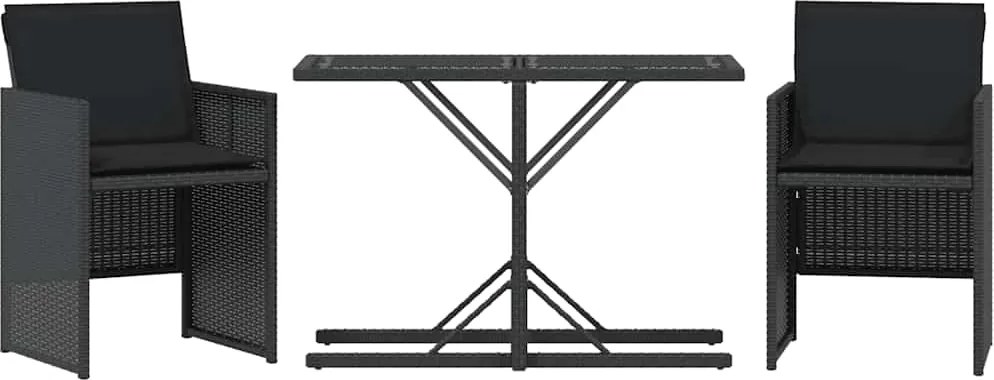 vidaXL Set bistro cu perne, 3 piese, negru, poliratan