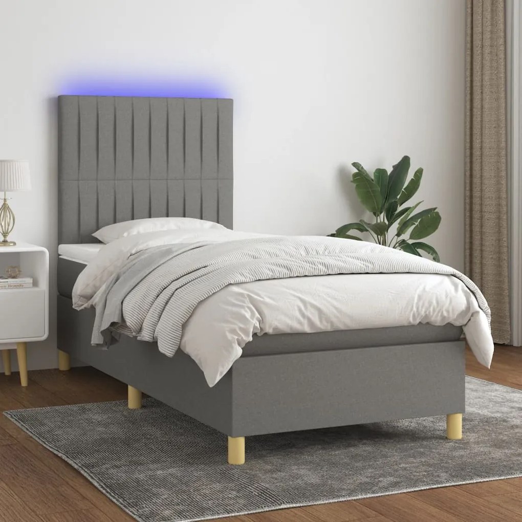 vidaXL Pat cu arcuri, saltea și LED, gri închis, 90x190 cm, textil