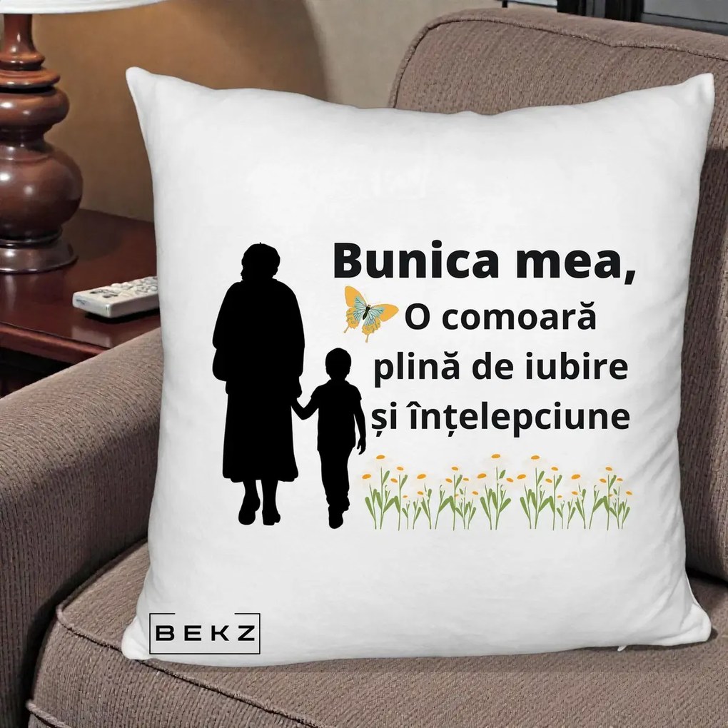 Cadou pentru Bunica - Perna Personalizata Bunica Mea Comoara cu Fluture si Baietel, 40x40 cm, Alb Pufos, Husa Detasabila, Perna Inclusa, BEKZ®