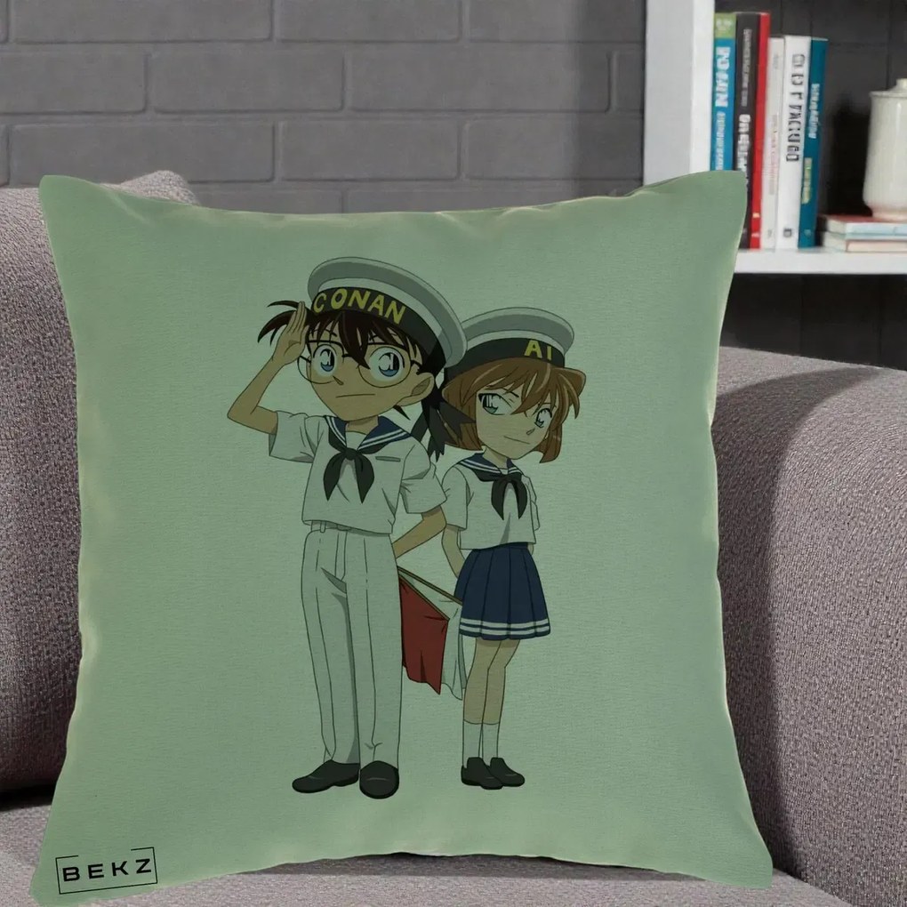 Perna Personalizata Detective Conan Conan si Ai Sailor, 40x40 cm, Verde, Husa Detasabila, Perna Inclusa, BEKZ®