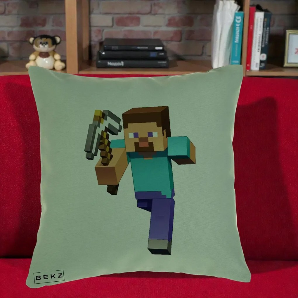 Perna Personalizata Minecraft Steve, 40x40 cm, Verde, Husa Detasabila, Perna Inclusa, BEKZ®