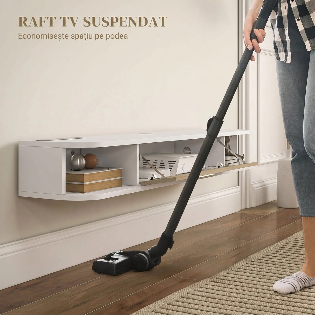 HOMCOM,Suport TV,Cu 2 Rafturi Deschise și Dulap cu Ușă Rabatabilă,MDF,120cm x 26cm x 16cm,Alb, gri | Aosom Romania