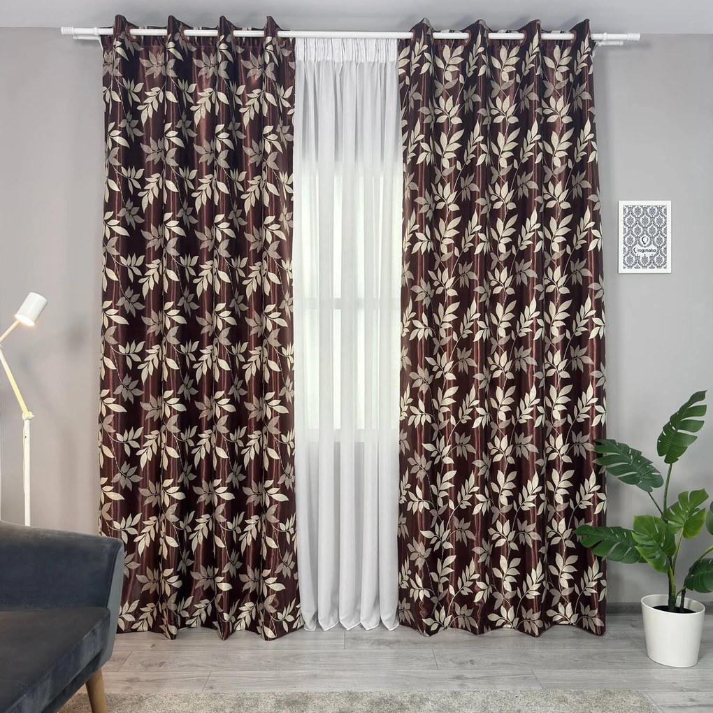 Set două Draperii (Blackout), din Tafta premium + Jacquard (Efect semi-lucios), Gata lucrate (Inele galerie), Culoare Maro + Bej, Dimensiuni draperie 160x260 cm (x2), Brand Originalio