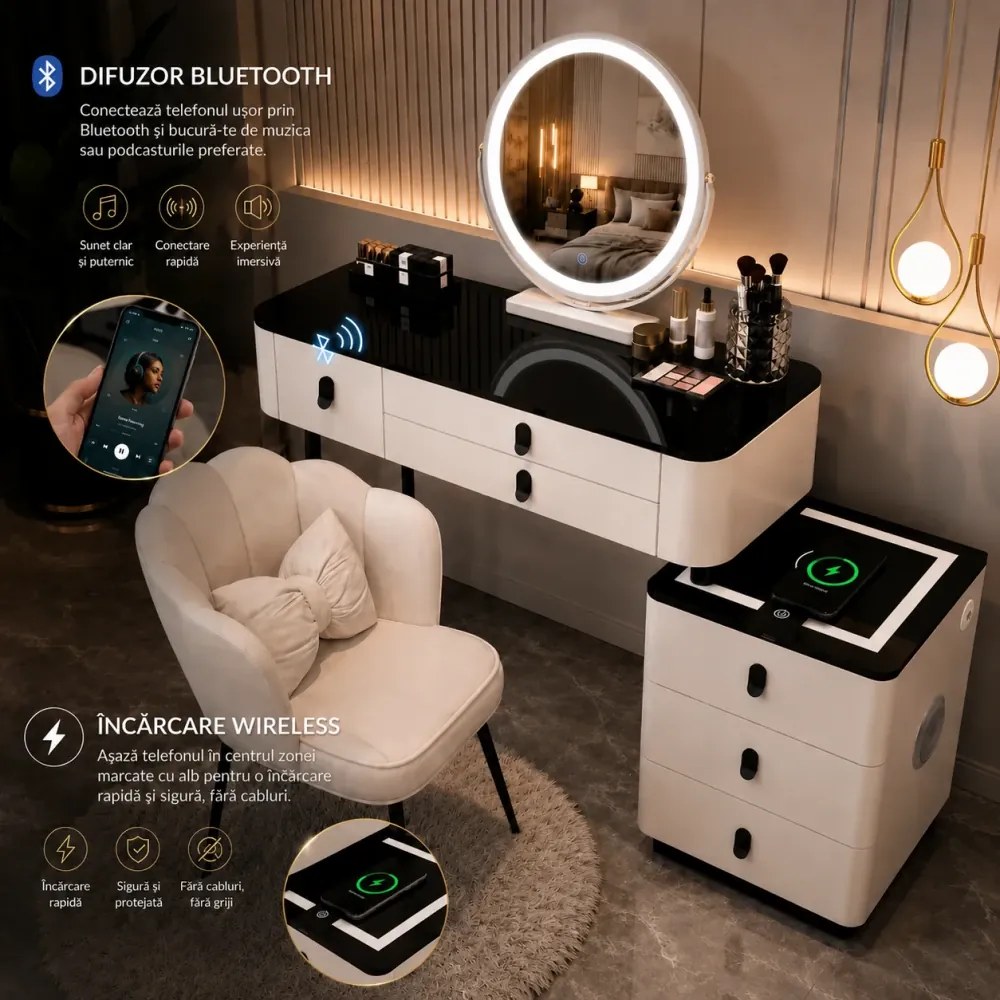 Set MARGOT LONG – Masă de Toaletă pentru Machiaj, Oglindă Alba iluminată LED, Control Touch, 6 sertare, Comoda, Scaun, Difuzor Bluetooth, Zona încărcare fără fir, Alb, 100x40x75 cm