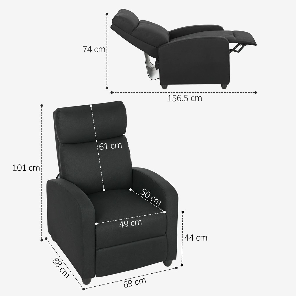 HOMCOM Fotoliu de Relaxare Reclinabil Manual cu Suport pentru Picioare din Țesătură Neagră | Aosom Romania