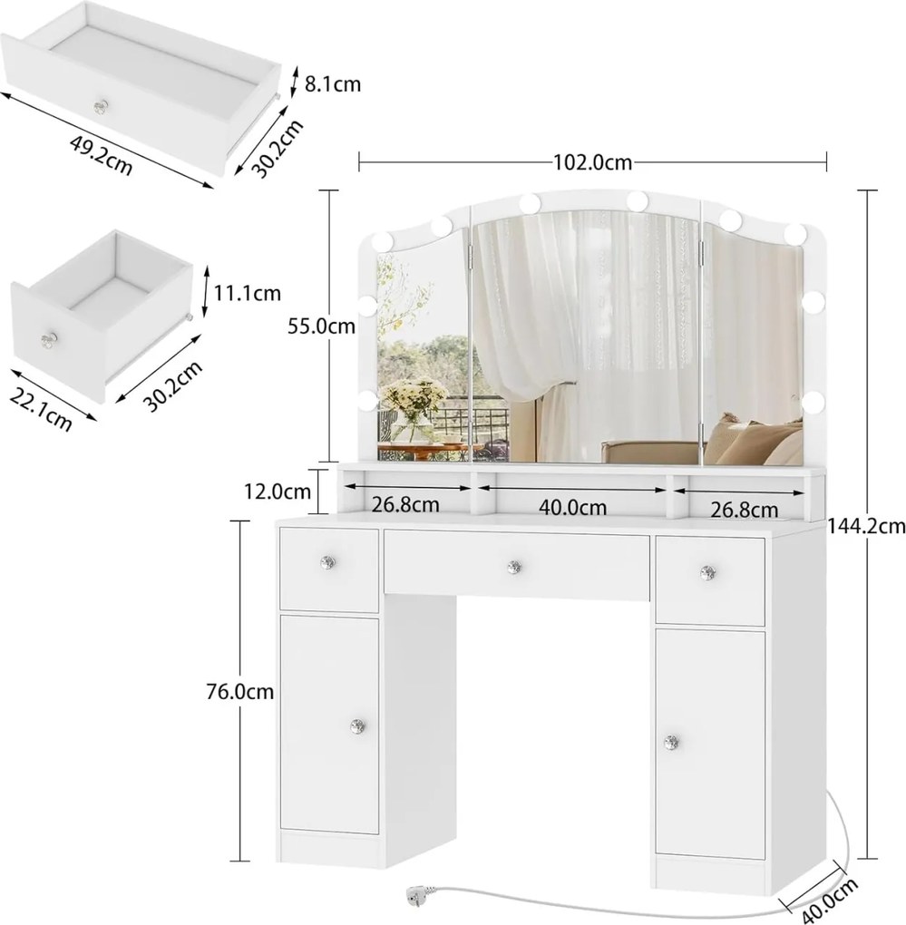 Masuta machiaj cu Oglinda LED si 3 Sertare pentru Cosmetice, Set Masa toaleta 102 cm, Alb, masuta cosmetica, vanity - SEA817