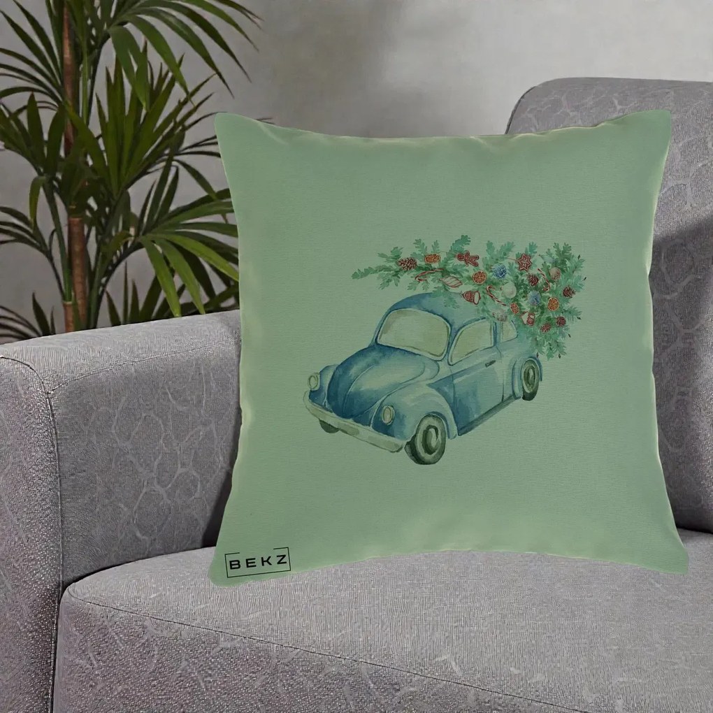 Perna Decorativa Masinuta Albastra cu Brad de Craciun, 40x40 cm, Verde, Husa Detasabila, Perna Inclusa, BEKZ®