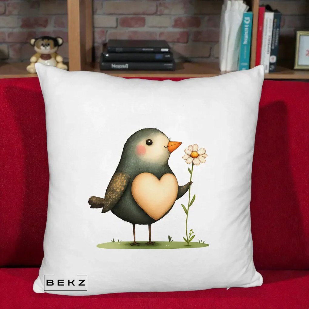 Perna Decorativa Pasare cu Inima si Margareta, 40x40 cm, Alb Pufos, Husa Detasabila, Perna Inclusa, BEKZ®