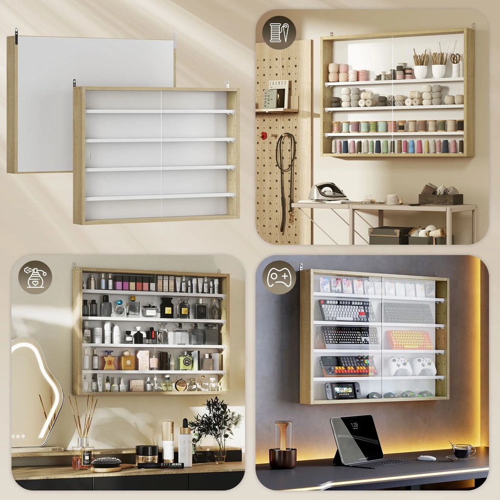 HOMCOM Raft de Perete cu 5 Nivele și Vitrină cu 2 Uși din Sticlă și 4 Rafturi Reglabile | Aosom Romania