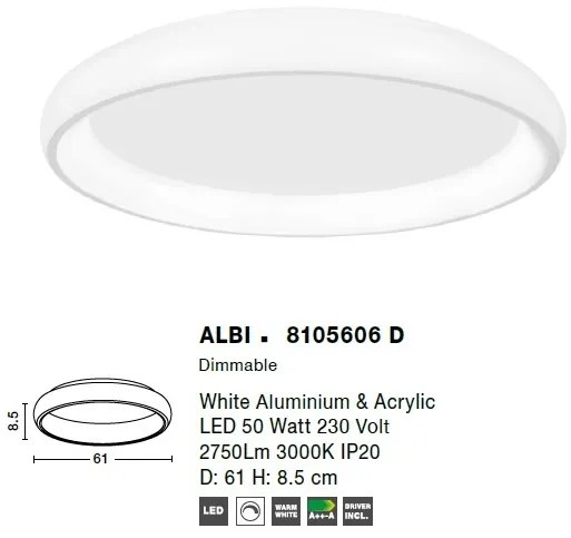 Plafoniera LED moderna design slim 61cm ALBI alba NVL-8105606 D