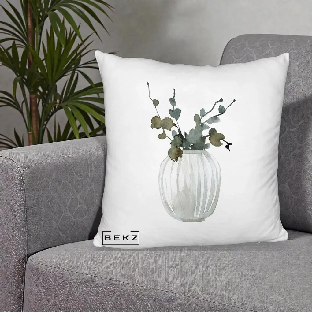 Perna Decorativa Vaza cu Eucalipt Watercolor, 40x40 cm, Alb Pufos, Husa Detasabila, Perna Inclusa, BEKZ®