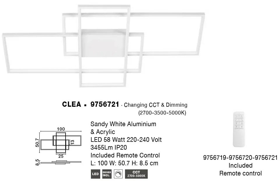Lustra LED cu telecomanda design geometric CLEA alba
