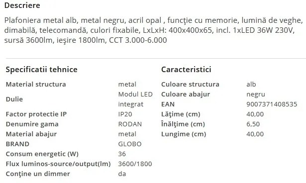 Plafoniera LED cu telecomanda moderna RODAN 36W
