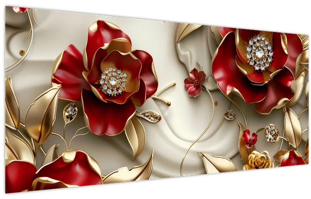 Tablou - Flori 3D Roșu-Auriu (120x50 cm)