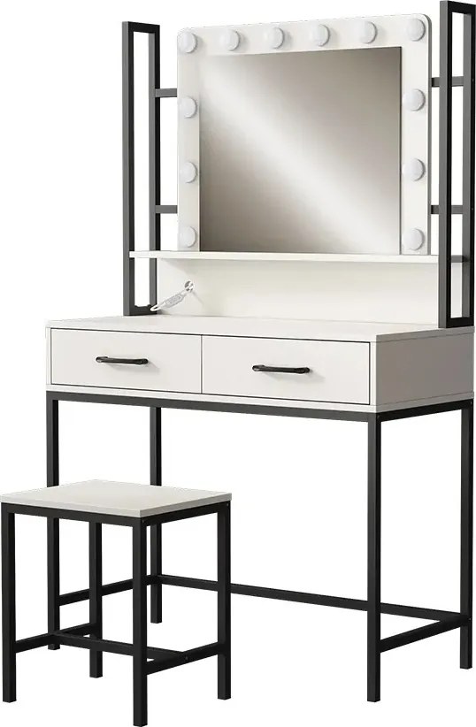 Masuta machiaj cu Oglinda LED si 2 Sertare pentru Cosmetice, Set Masa toaleta 90 cm, Alb, masuta cosmetica, vanity - SEA807