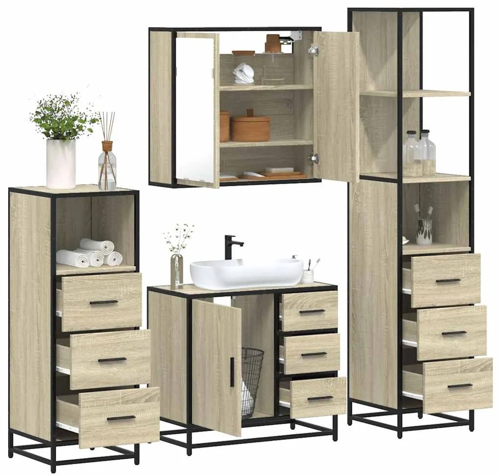 vidaXL Set de mobilier de baie din 4 piese din lemn de stejar Sonoma
