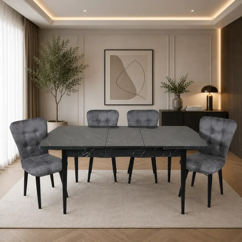 Set masa extensibila cu 4 scaune tapitate Homs marmorat negru 170 x 80 cm