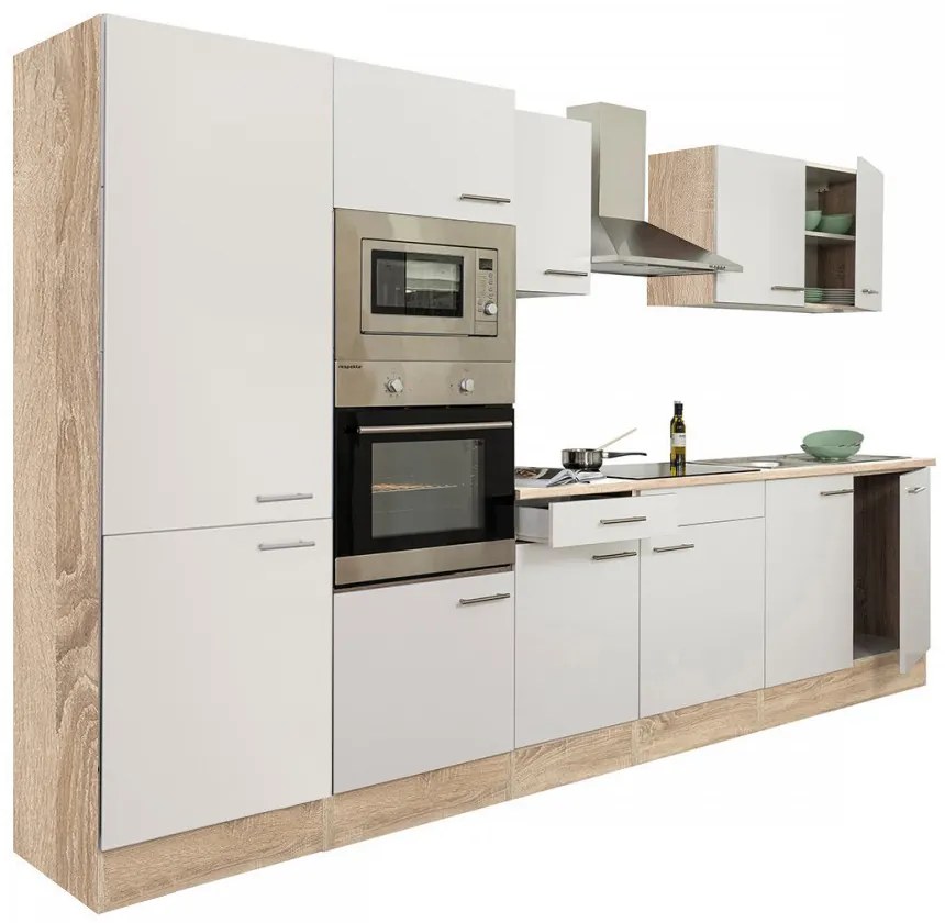 Mobilă de bucătărie Yorki 330, corp stejar sonoma, față alb satinat, cu dulap cu raft