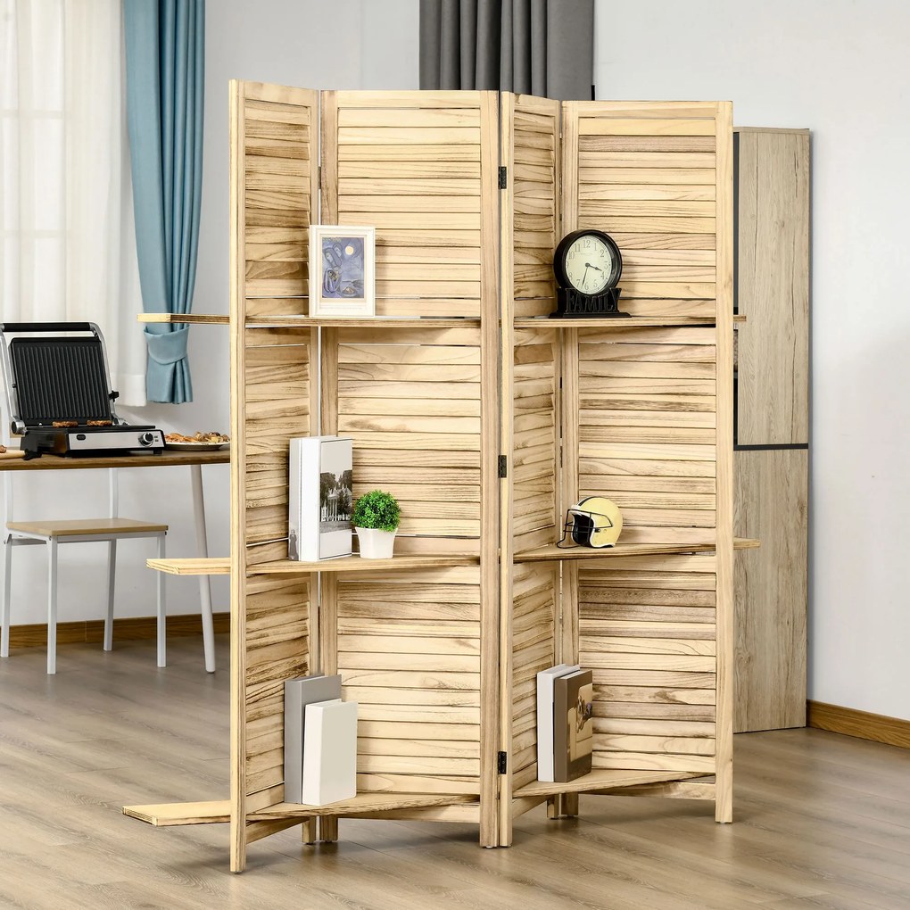 HOMCOM Paravan separator interior pliabil cu 4 panouri și rafturi din lemn de paulownia, 162x170 cm, Lemn | Aosom Romania