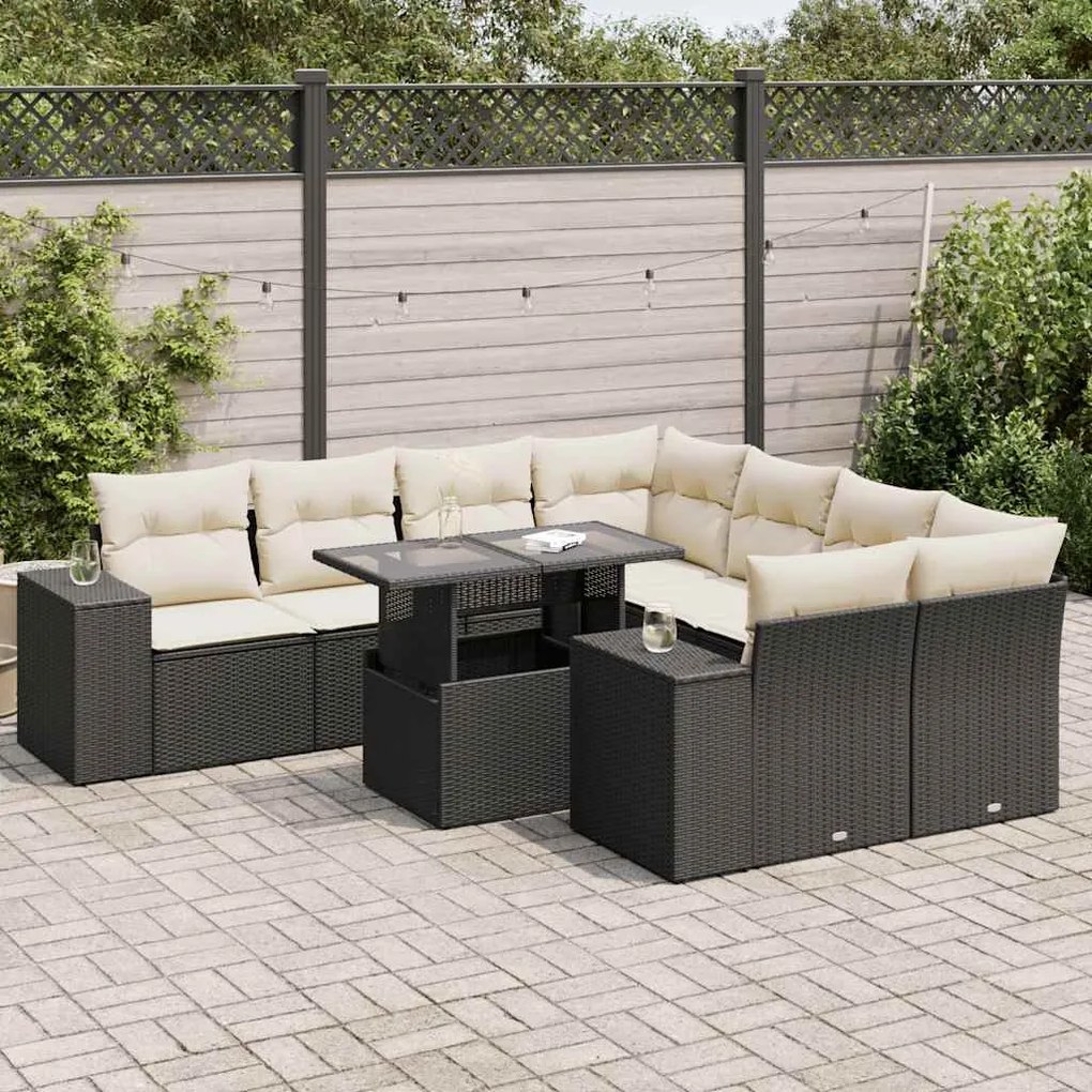 3326767 vidaXL Set mobilier de grădină cu perne, 9 piese, negru, poliratan