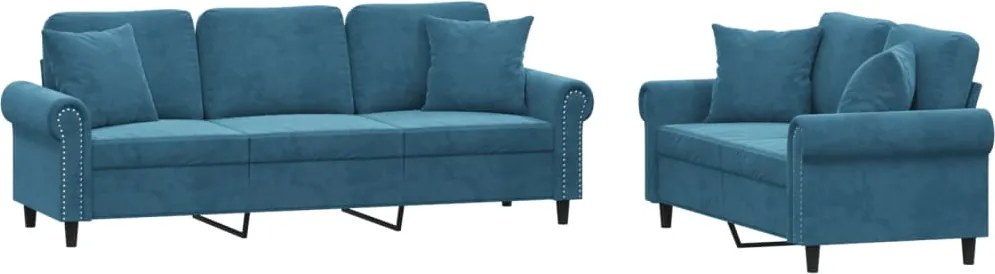 vidaXL Set de canapele cu perne, 2 piese, albastru, catifea