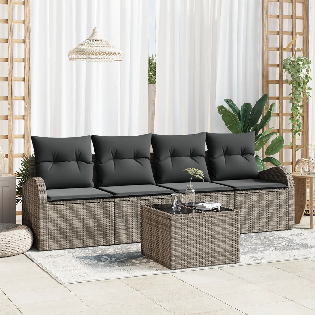 vidaXL Set de Canapea pentru Grădină 5 Piese cu Perne Gri din Ratan Poly