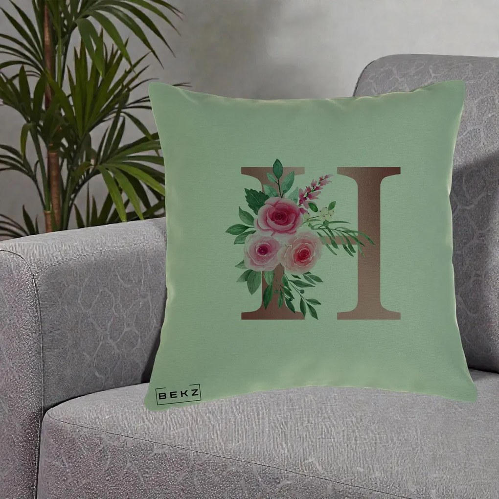 Cadou Personalizat - Perna Personalizata Monograma Rose Gold Litera H, 40x40 cm, Verde, Husa Detasabila, Perna Inclusa, BEKZ®