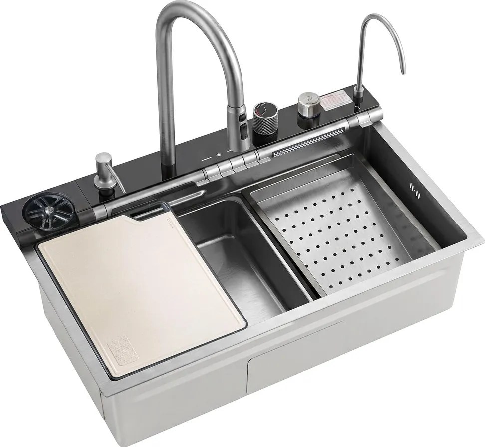 Statie de lucru multifunctionala Rea Alonzo inox finisaj nichel periat 75x46 cm cu sistem filtrare apa