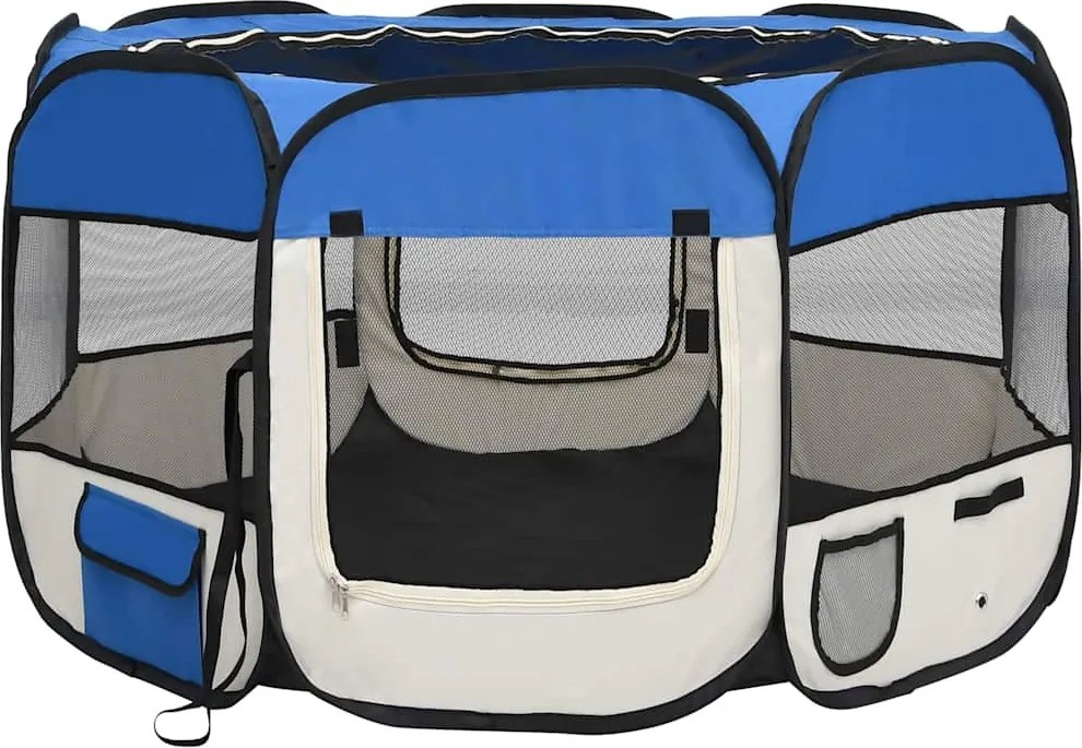 vidaXL Țarc joacă pliabil câini cu sac de transport albastru 110x110x58 cm