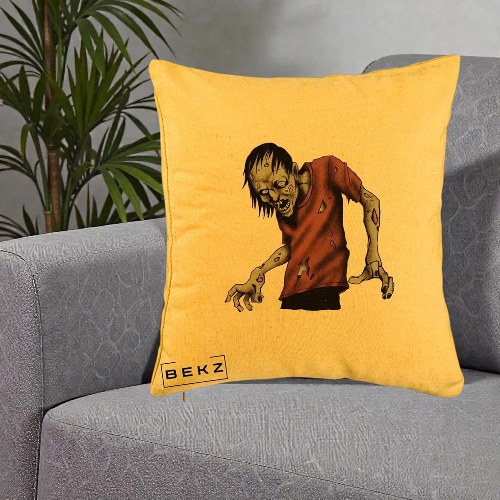 Perna Decorativa Halloween Zombie Infricosator, 40x40 cm, Galben, Husa Detasabila, Perna Inclusa, BEKZ®