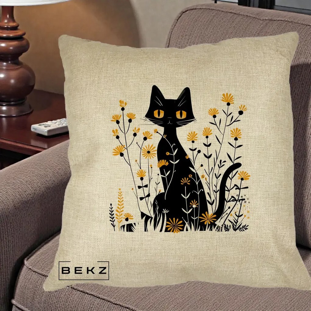 Perna Decorativa Pisica Neagra Ochi Galbeni Flori Galbene, 40x40 cm, Crem, Husa Detasabila, Perna Inclusa, BEKZ®