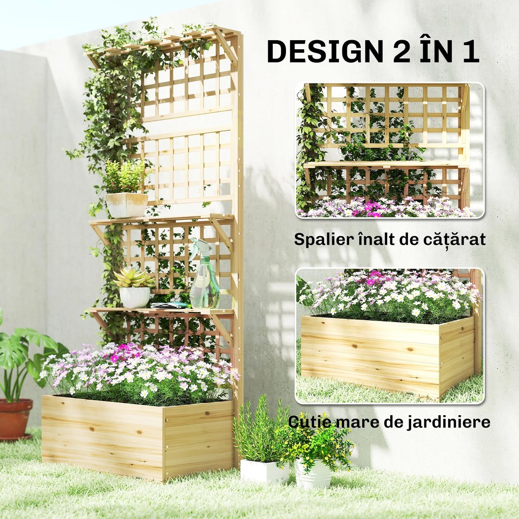 Outsunny Strat Înălțat din Lemn cu Suport și Acoperiș, Fiorieră Elevată pentru Exterior cu 2 Rafturi, Orificiu de Drenare și Material Textil pentru Plante Cățărătoare, Legume și Flori, Natural | Aosom Romania