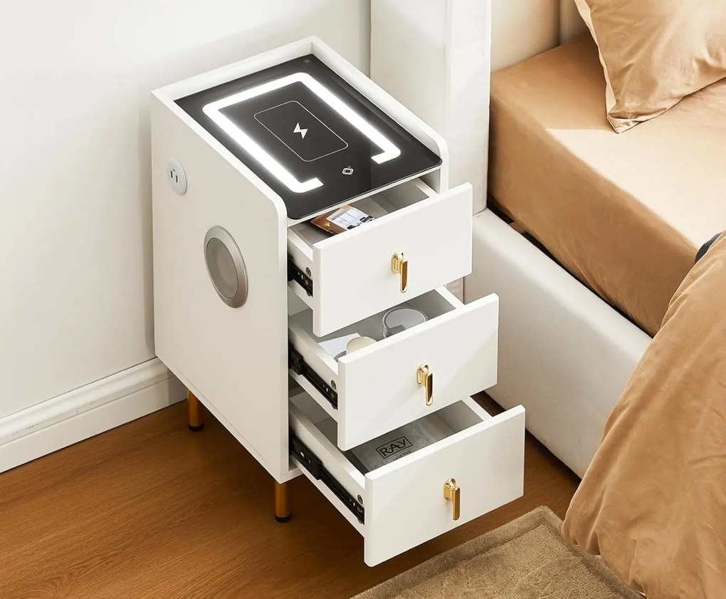 NOA1 - Set 2x Noptiere Smart, 30 cm, cu 3 sertare, LED, USB, Bluetooth, Incarcator Wireless, mobilier dormitor - Alb