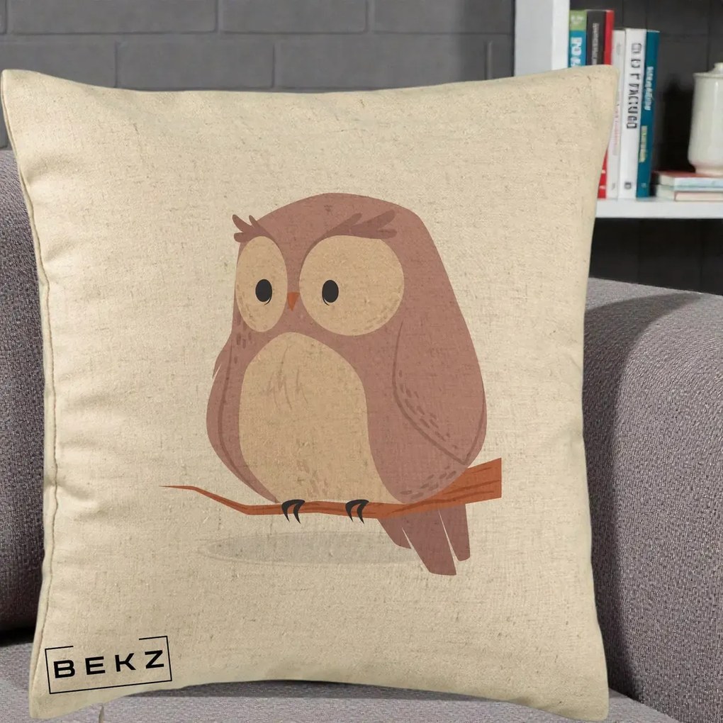 Perna Decorativa Bufnita Kawaii pe Creanga, 40x40 cm, Bej, Husa Detasabila, Perna Inclusa, BEKZ®