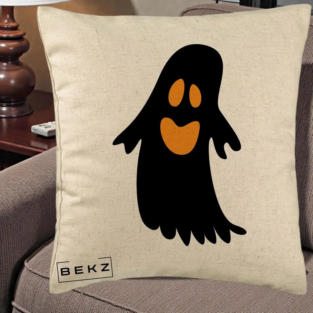 Perna Decorativa Halloween Fantoma Neagra cu Ochi Portocalii, 40x40 cm, Bej, Husa Detasabila, Perna Inclusa, BEKZ®