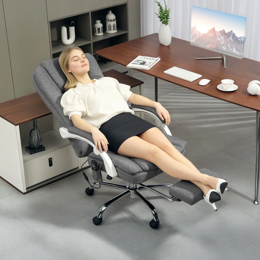 HOMCOM Scaun de Birou Masaj cu 6 Puncte, Încălzire și Suport pentru Picioare, Scaun Ergonomic Rabatabil Rotativ din Stofă Tip In Respirabil cu Telecomandă și Înălțime Reglabilă, Gri | Aosom Romania