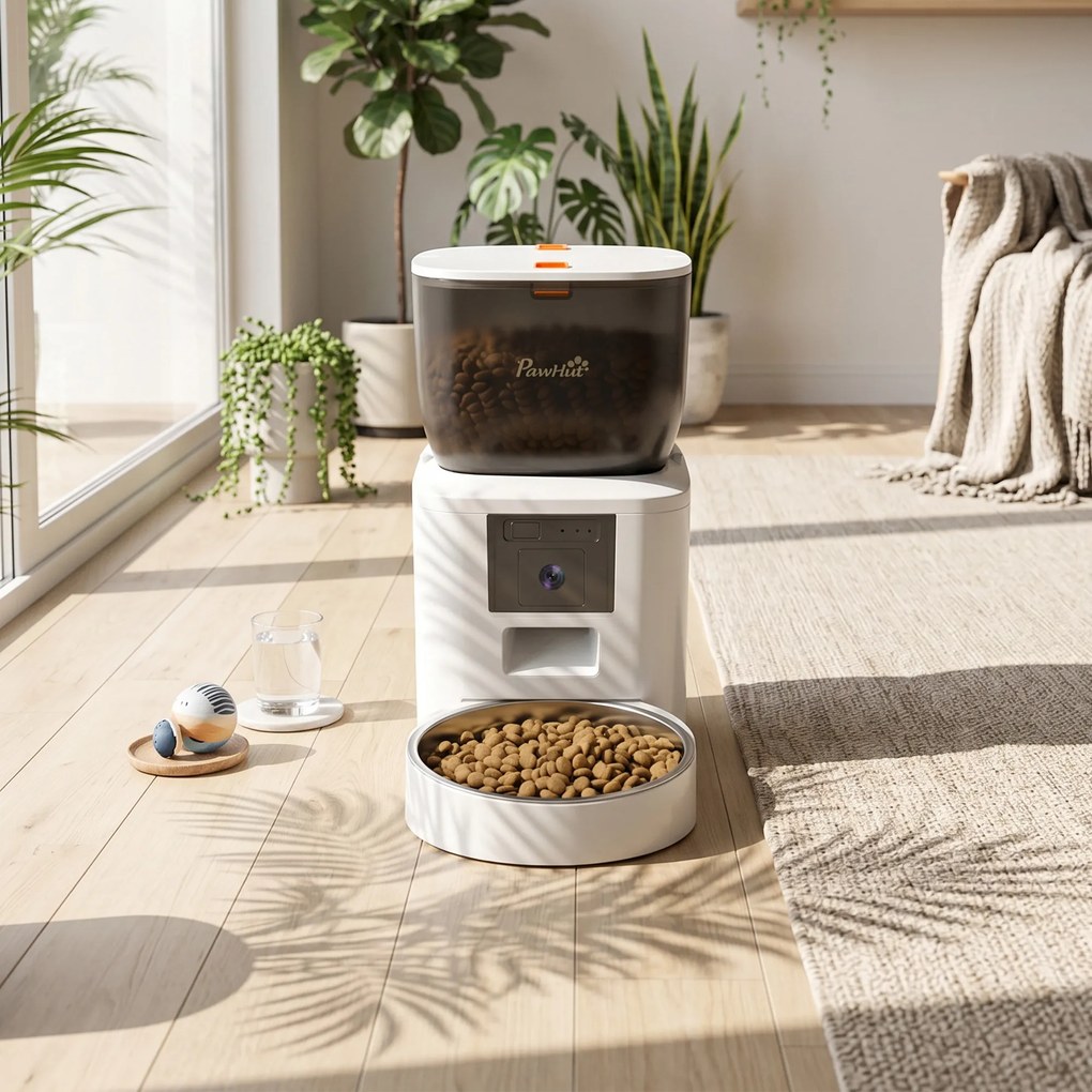 PawHut Distribuitor Automat de Hrană pentru Pisici și Câini 4L, WiFi 2,4G, Control din Aplicație cu Cameră, Bol, Alb | Aosom Romania